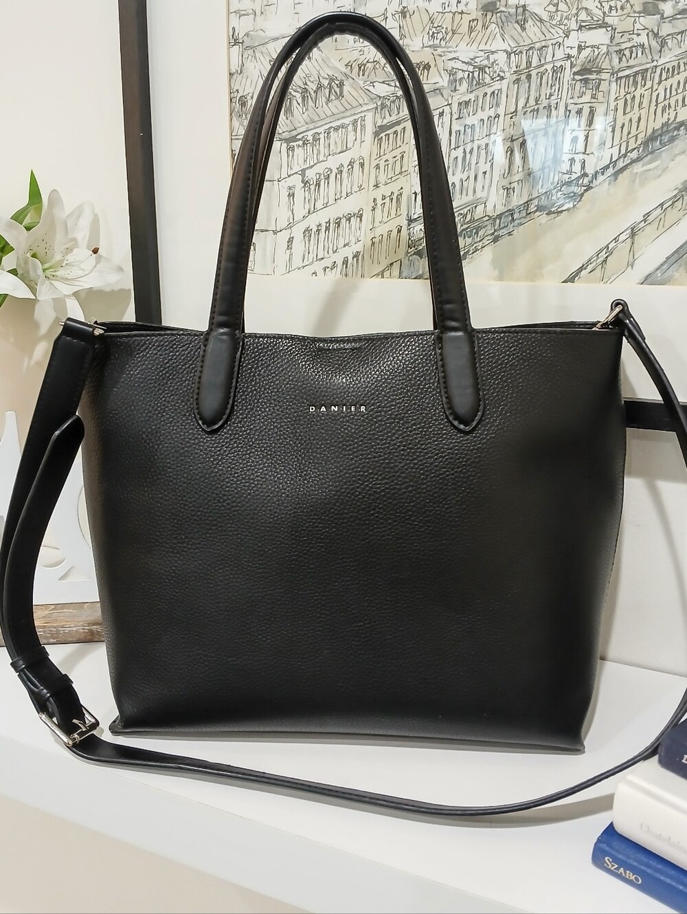 DANIER leather double handle / shoulder strap tote bag/removable liner BLack EUC